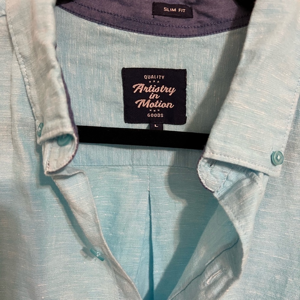 Artistry in Motion Linen Blend Button Front Shirt Men's Large Turquoise - Picture 6 of 6
